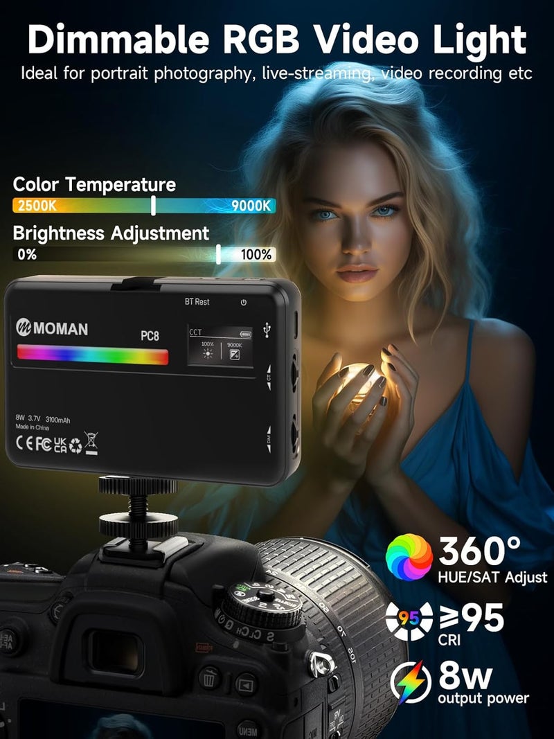 MOMAN LED Camera Light, RGB Video Lights for Photography, App Wireless Control, 2500-9000K, CRI 95+, Long Battery Life, Portable Lighting Panel with Cold Shoe, Fits for GoPro Sony Canon - Image 2
